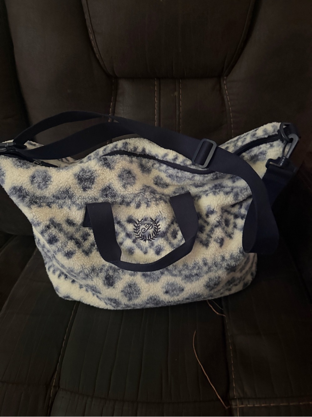 PINK Victoria’s Secret Plush Navy & Cream Patterned Tote Bag